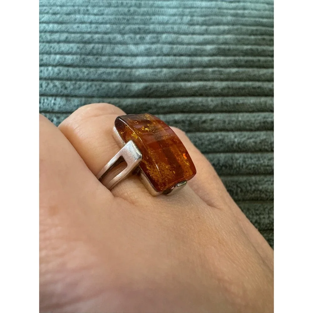 Sterling Silver 925 Amber Ring Statement Rectangle‎ Vintage Women Jewelry
